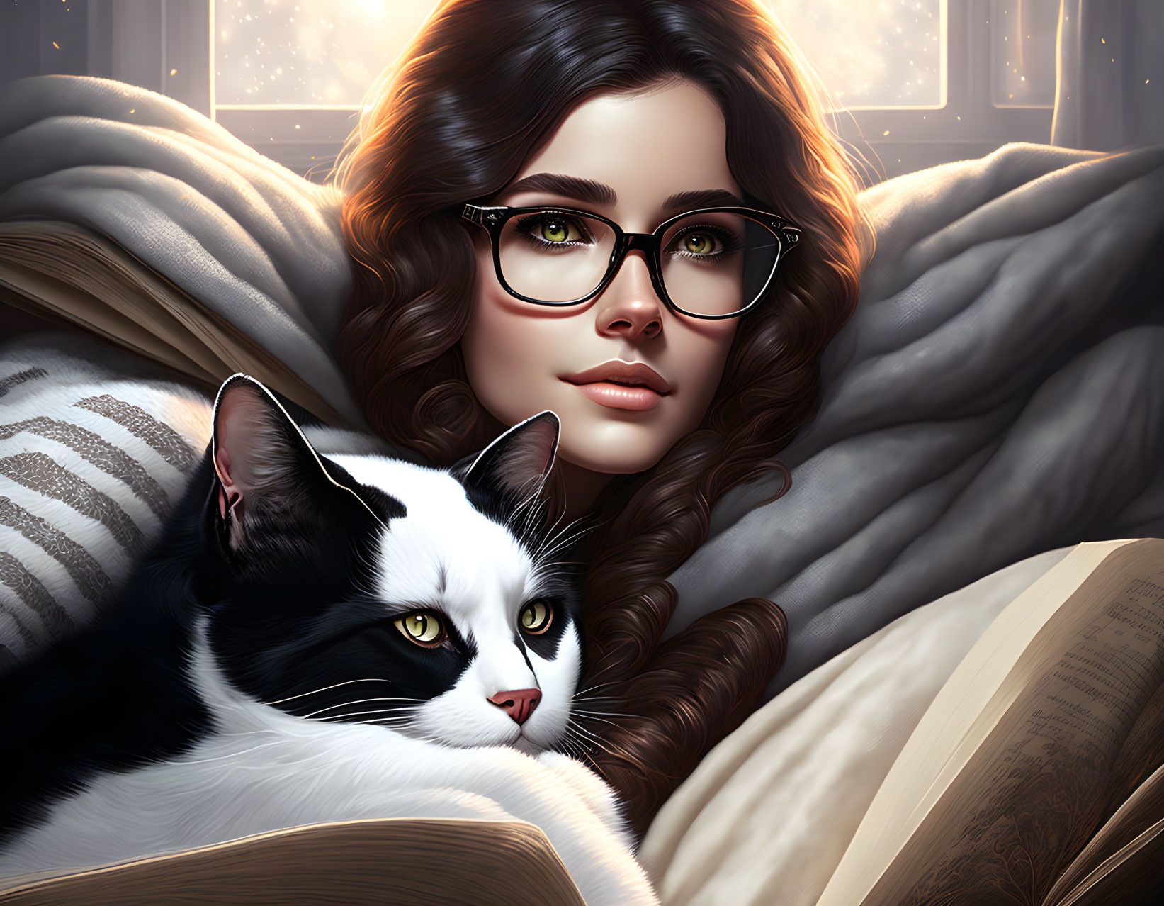 Woman with glasses and cat in contemplative pose with book in cozy, starlit setting