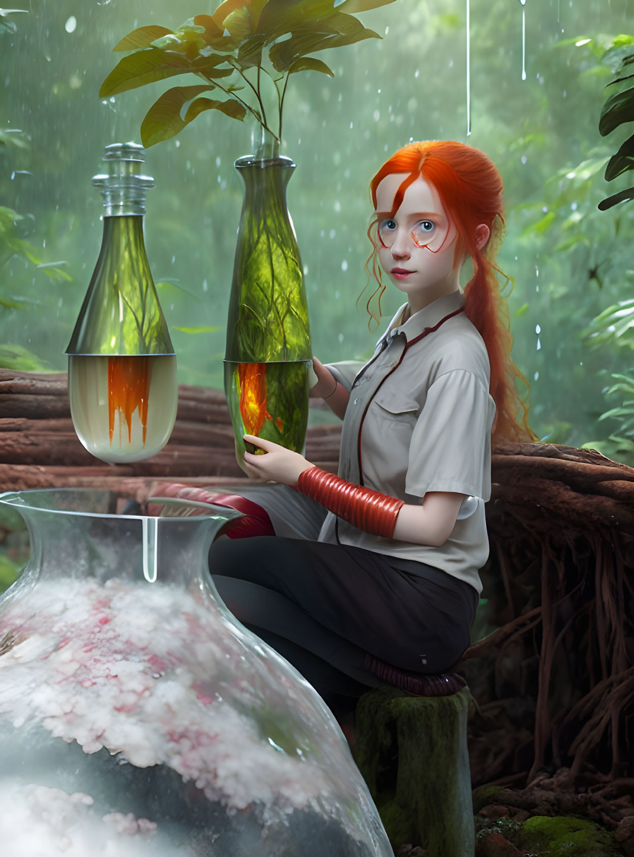 Red-haired woman in forest holding glowing bulb with plant, surrounded by pink substance and rain.