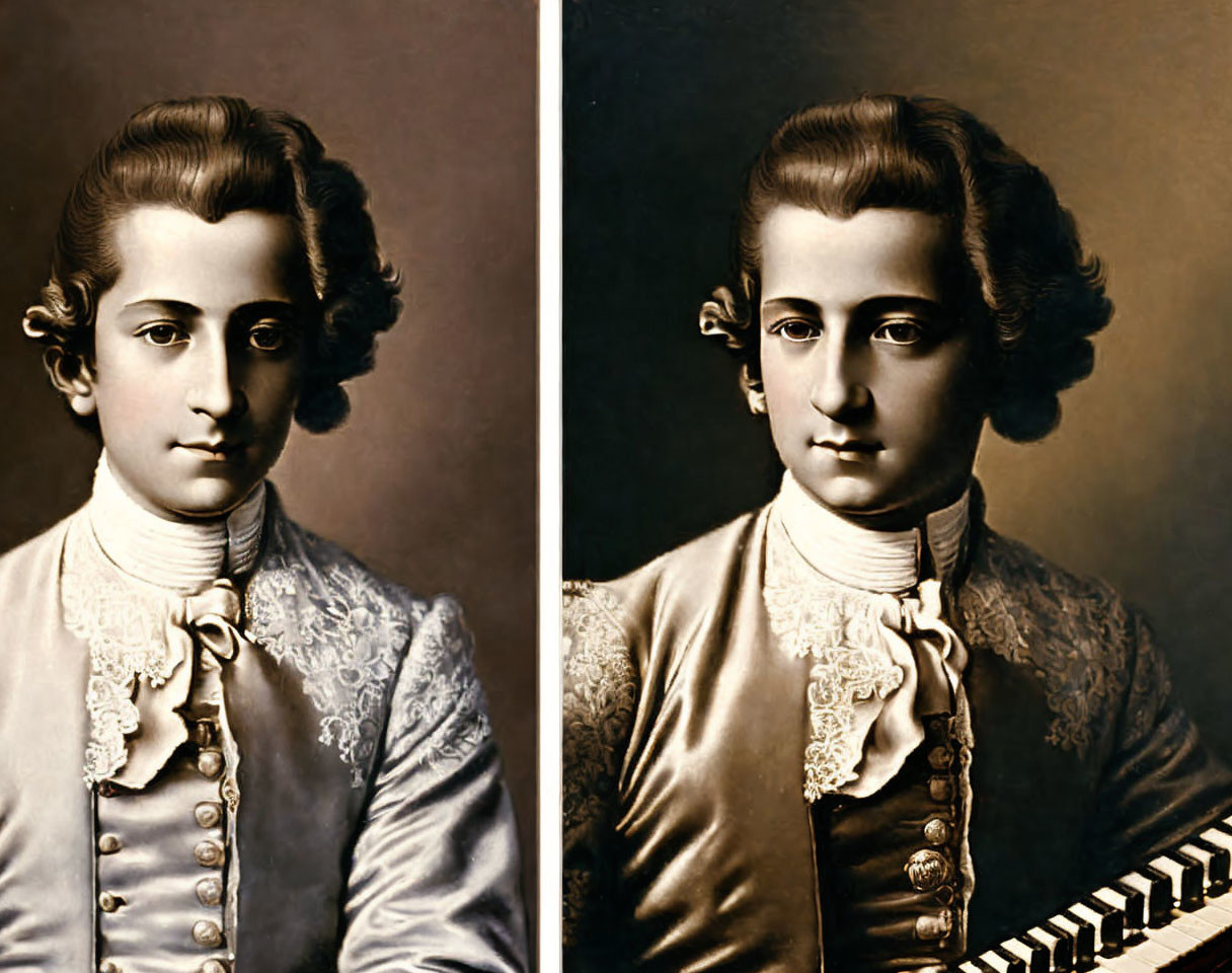 Young Mozart in sepia and colorized, 18th-century attire