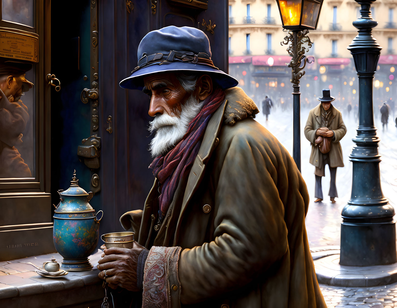 Elderly man in vintage coat and hat holding cup near café entrance