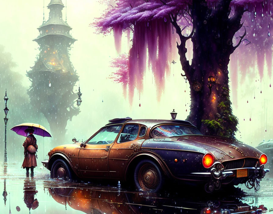 Person with umbrella next to classic car on rainy cobblestone street