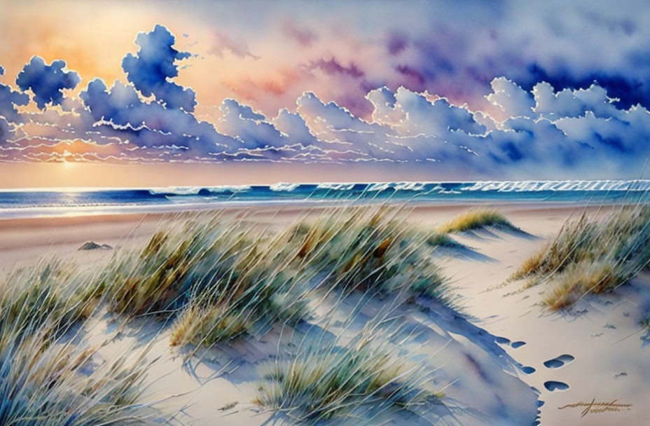 Serene beach at sunset with soft sands and dune grasses