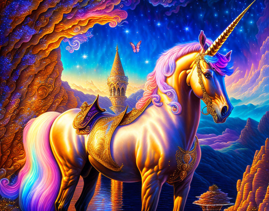 Colorful fantasy painting: Golden unicorn, castle, starry sky, butterfly