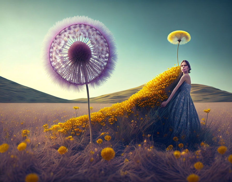 Woman in Blue Dress Surrounded by Oversized Dandelions in Surreal Golden Field