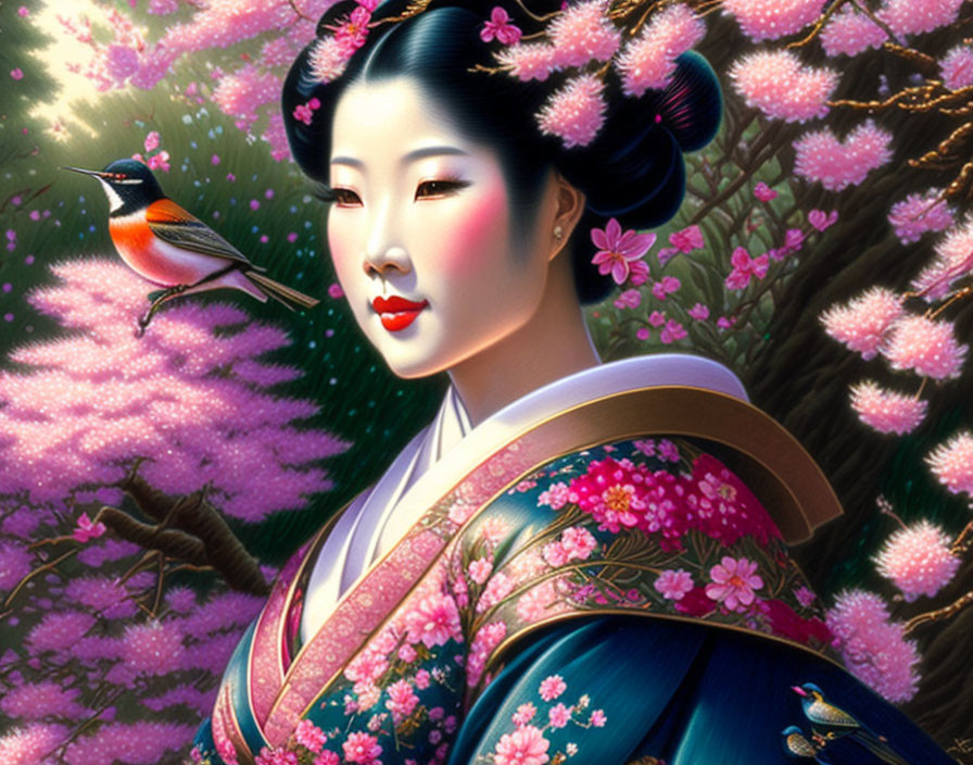 Geisha illustration with bird and cherry blossoms