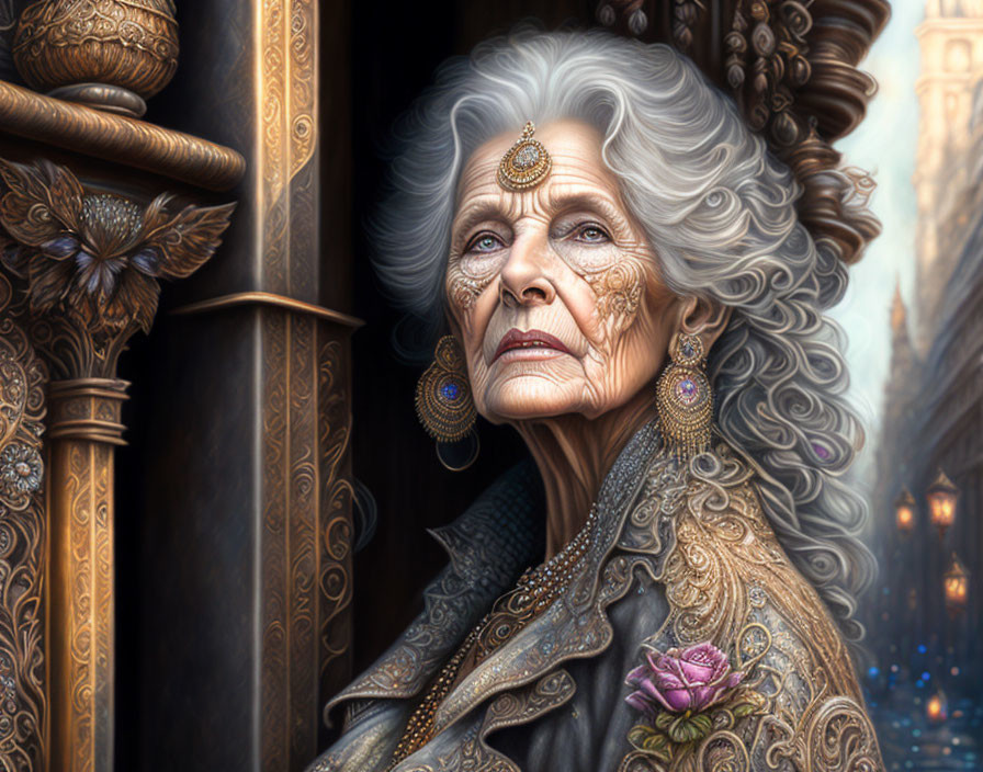 Elderly woman in ornate outfit with intricate jewelry gazes to the side