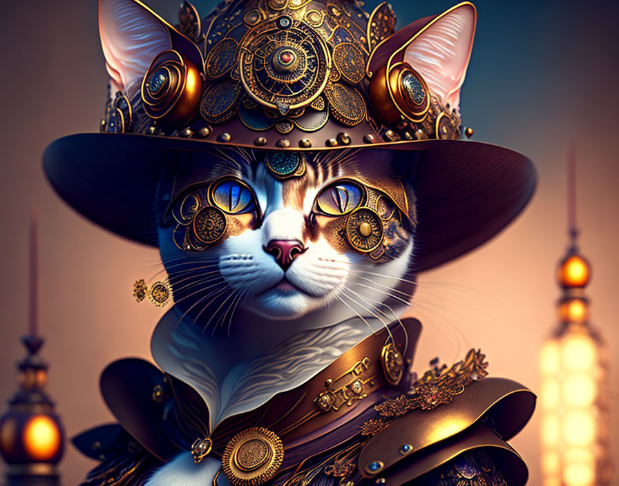 Detailed Steampunk Cat Illustration with Goggles and Hat