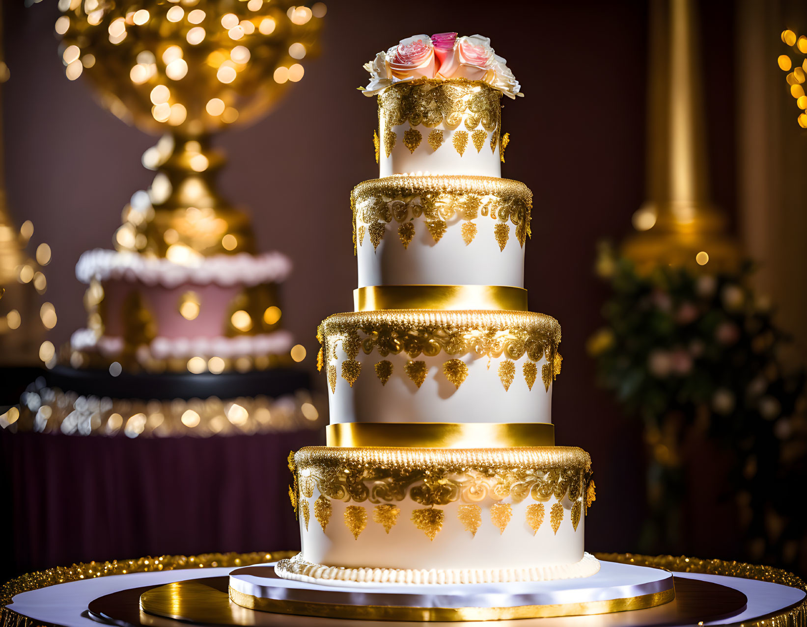 Four-tiered wedding cake with gold trim and rose toppers on elegantly lit table