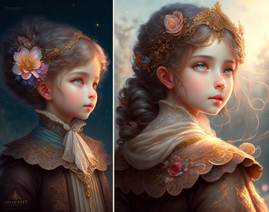 Young girl portrait with styled hair, flowers, and golden accessory under starlit sky