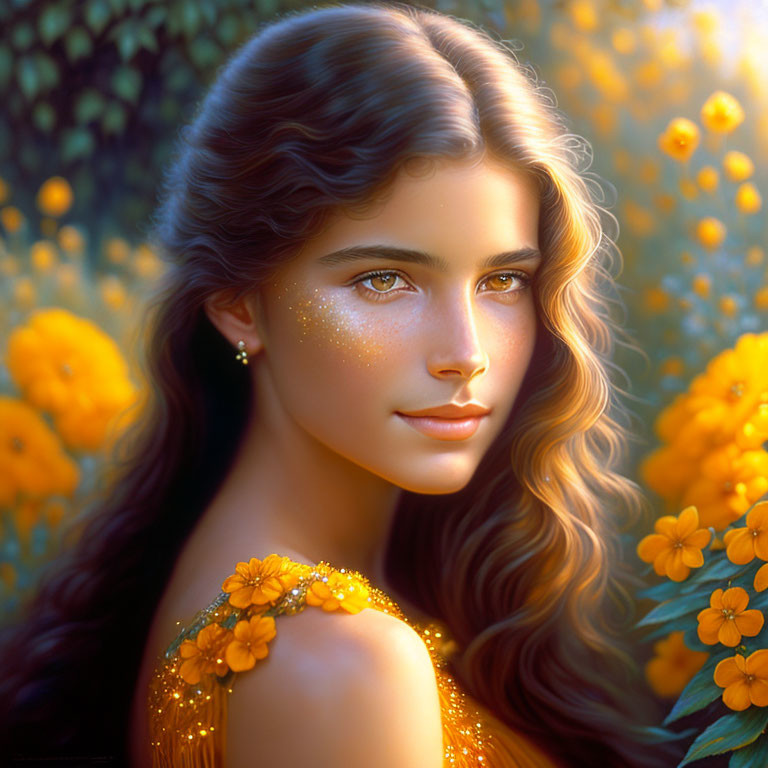 Portrait of Woman with Long Wavy Hair and Golden Flowers