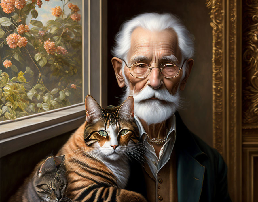 Elderly man with white beard holding tabby cat in classical portrait with flowers