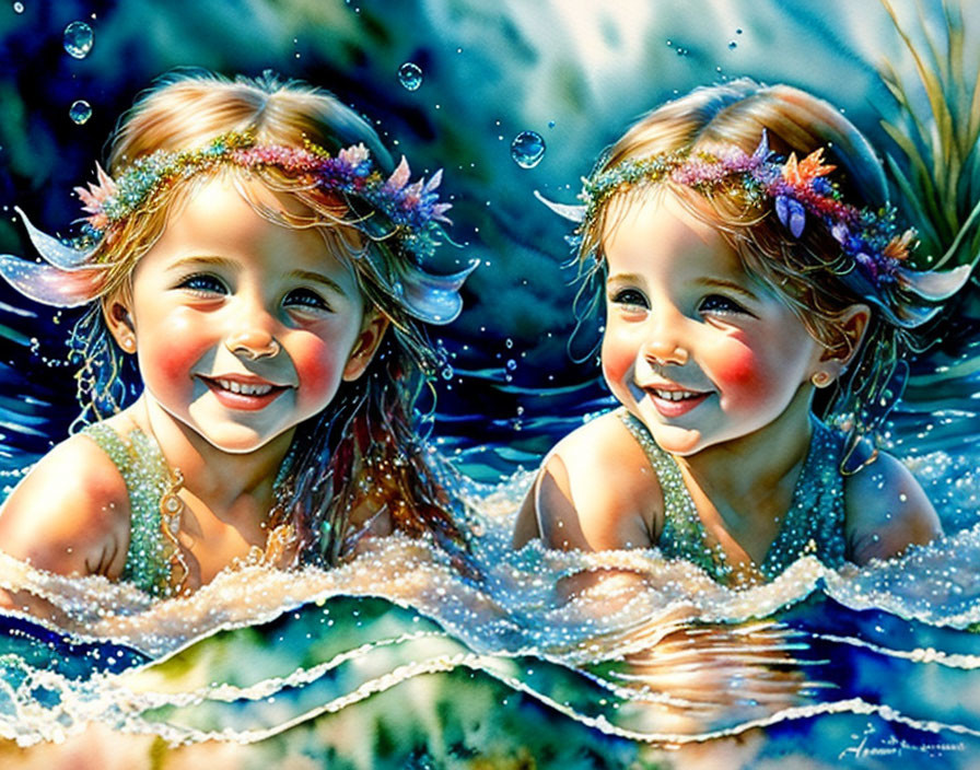 Young girls in floral wreaths swimming in clear blue water with bubbles and sunlight reflections