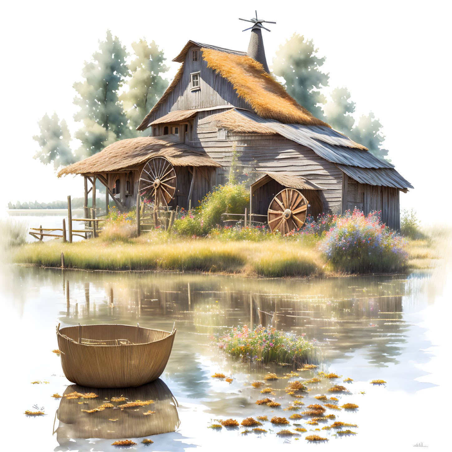 Wooden cottage with waterwheel in lush setting near pond.