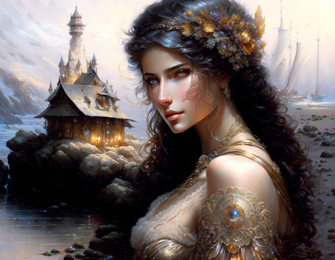 Elaborate digital painting of woman with gold accessories and fantasy castle backdrop