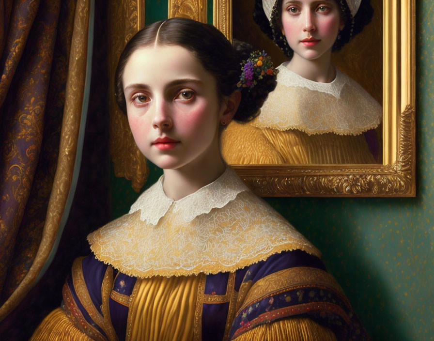 Young woman in purple dress with lace collar alongside own portrait