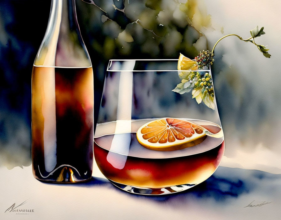 Watercolor painting of bottle and rose wine with orange slice and bloom