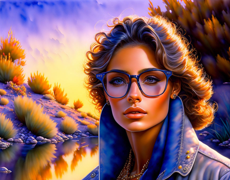 Woman with Blue Eyes in Glasses Wearing Denim in Surreal Desert Landscape