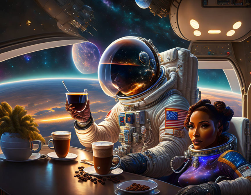 Astronaut and companion savor coffee with Earth view from spacecraft