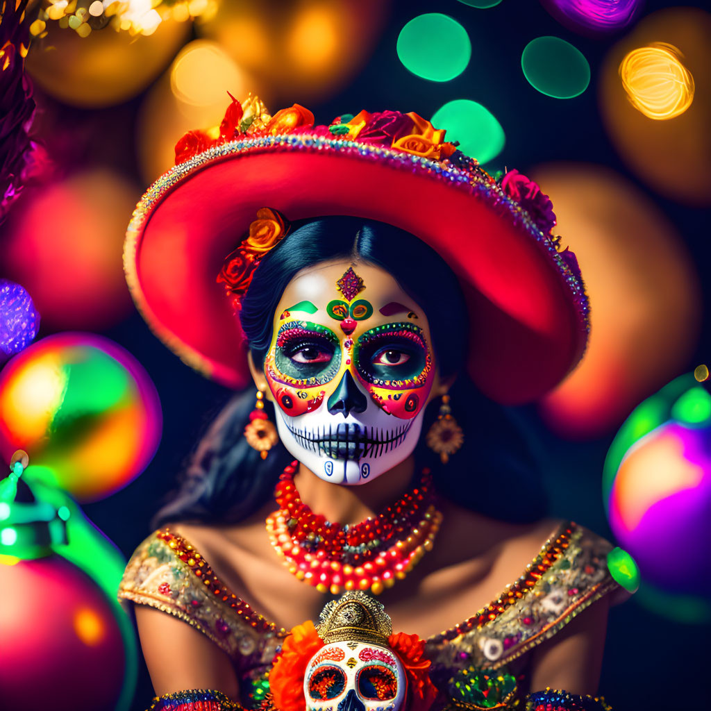 Elaborate Skull Makeup and Vibrant Attire with Festive Lights