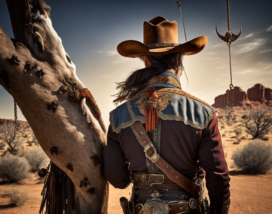 Cowboy in ornate western attire beside horse in desert landscape.