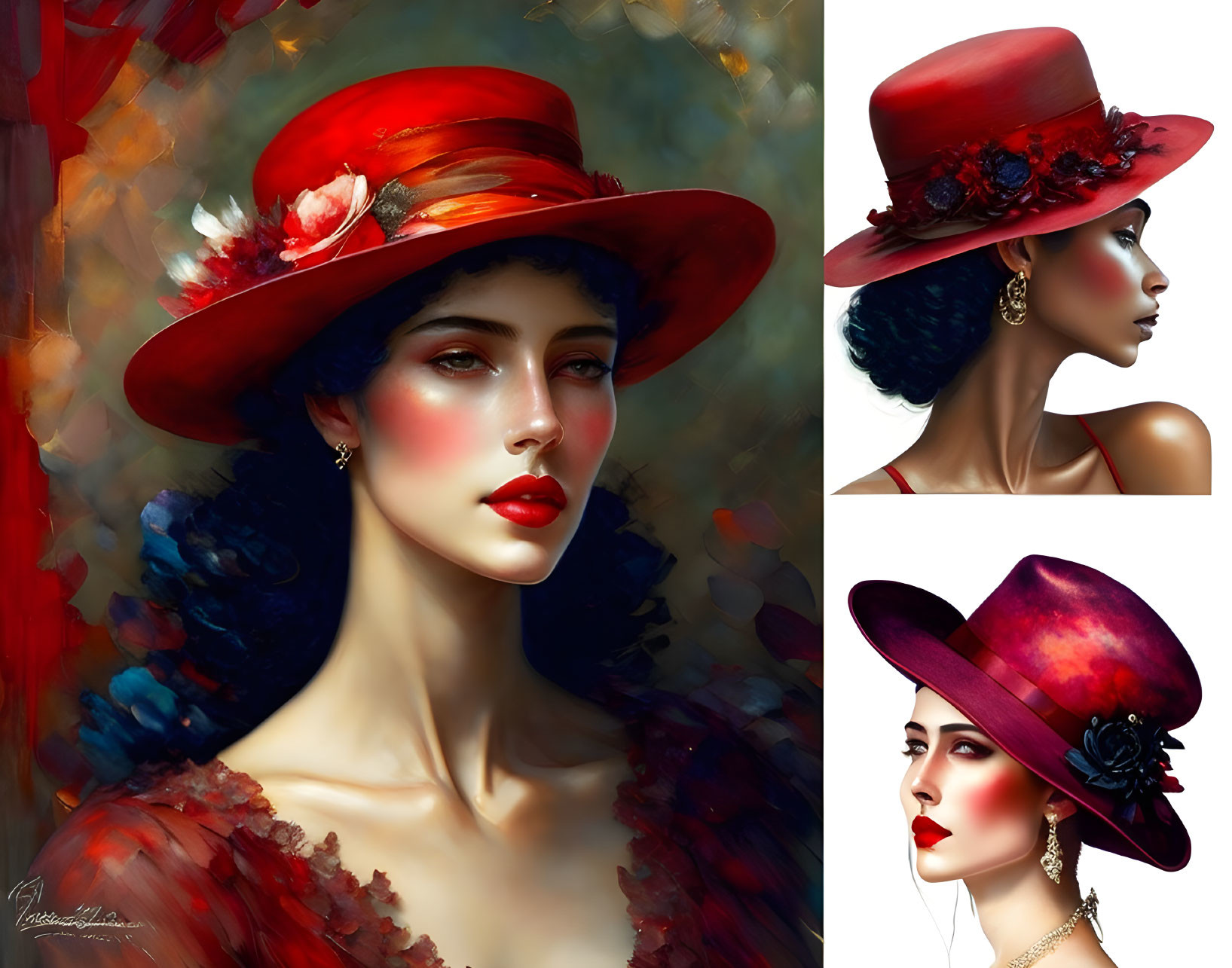 Vibrant digital portrait of a woman in red hat and outfit