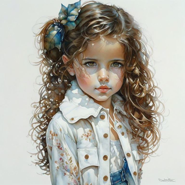 Young girl portrait with curly brown hair, blue eyes, white floral jacket, blue bow