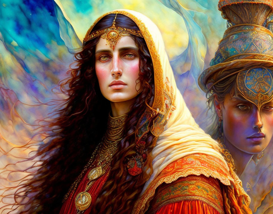 Fantasy Artwork: Two Women with Intricate Jewelry and Headdresses