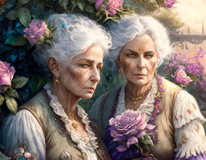 Detailed Faces of Two Elderly Women Surrounded by Pink Roses