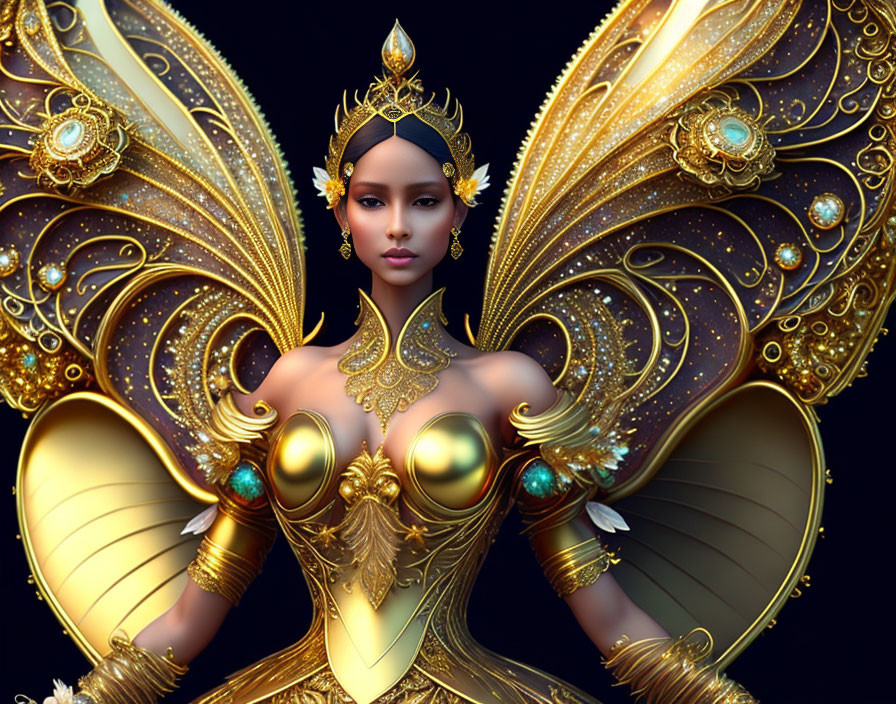 Golden fantasy wings woman in regal attire digital artwork