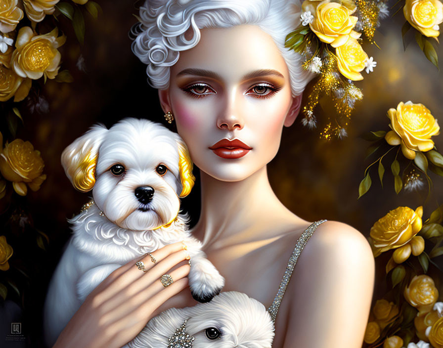 Stylized white-haired woman with fluffy dogs in yellow rose garden