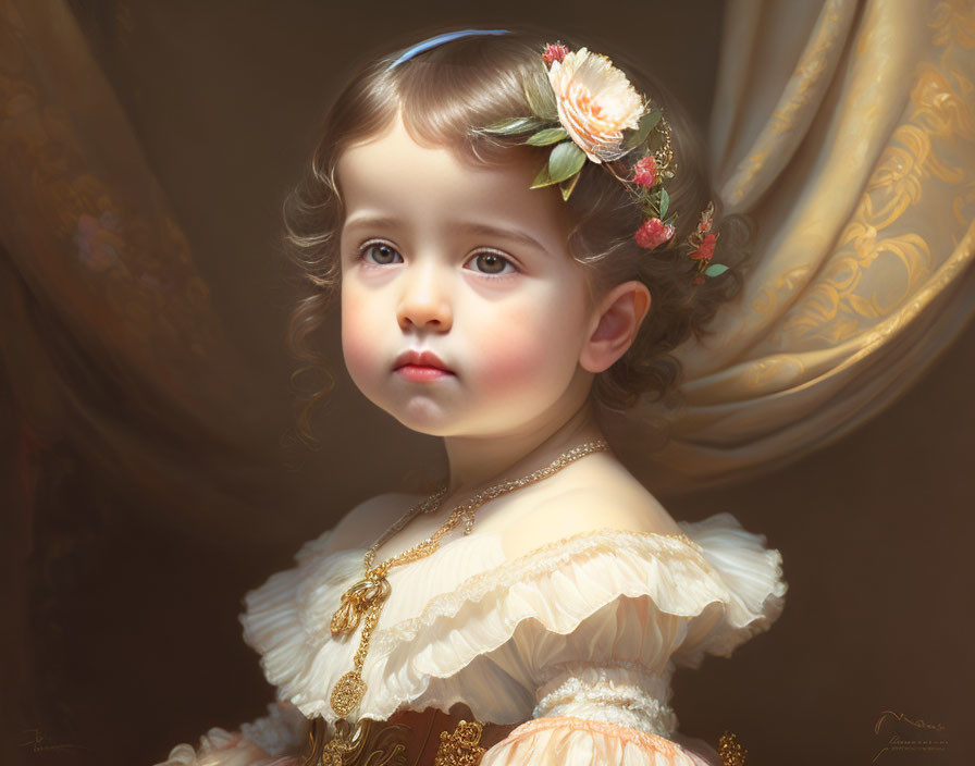 Young child portrait with ornate floral hairstyle and vintage dress.