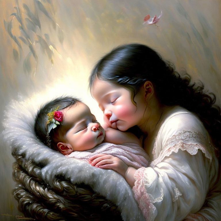 Young girl embracing sleeping infant in cozy setting conveys peace and love