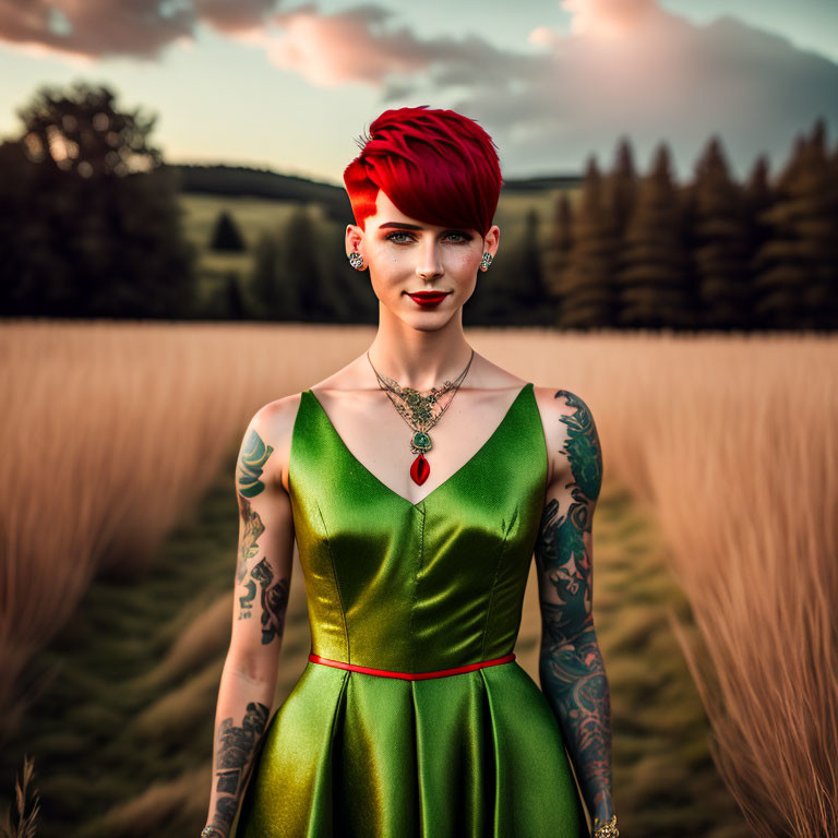 Red-haired woman with tattoos in green dress at sunset