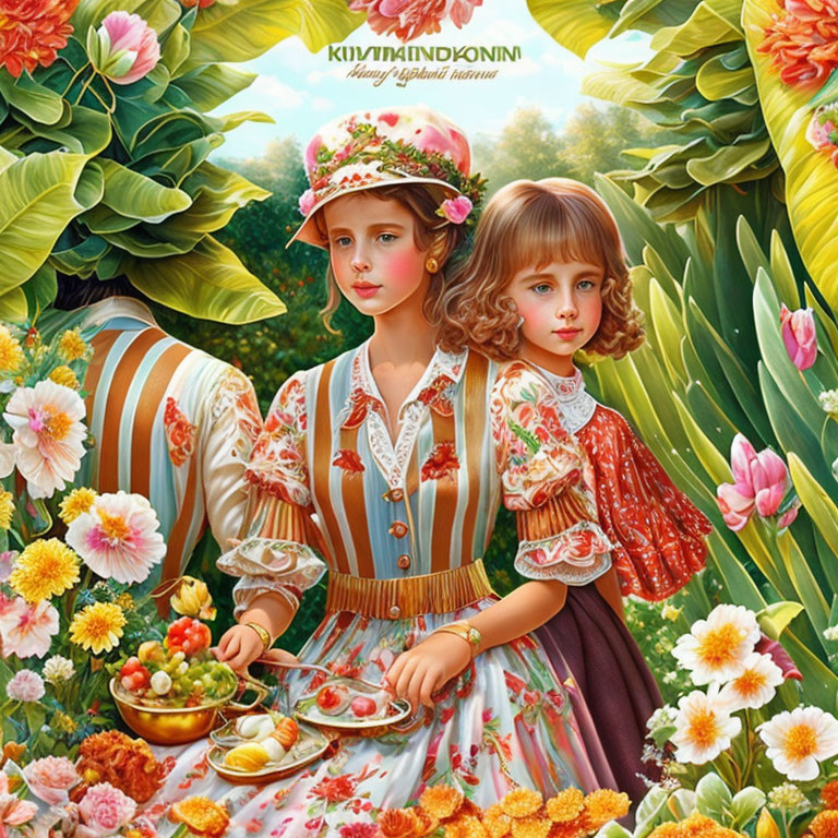 Vintage dresses: Two girls with fruit in lush garden