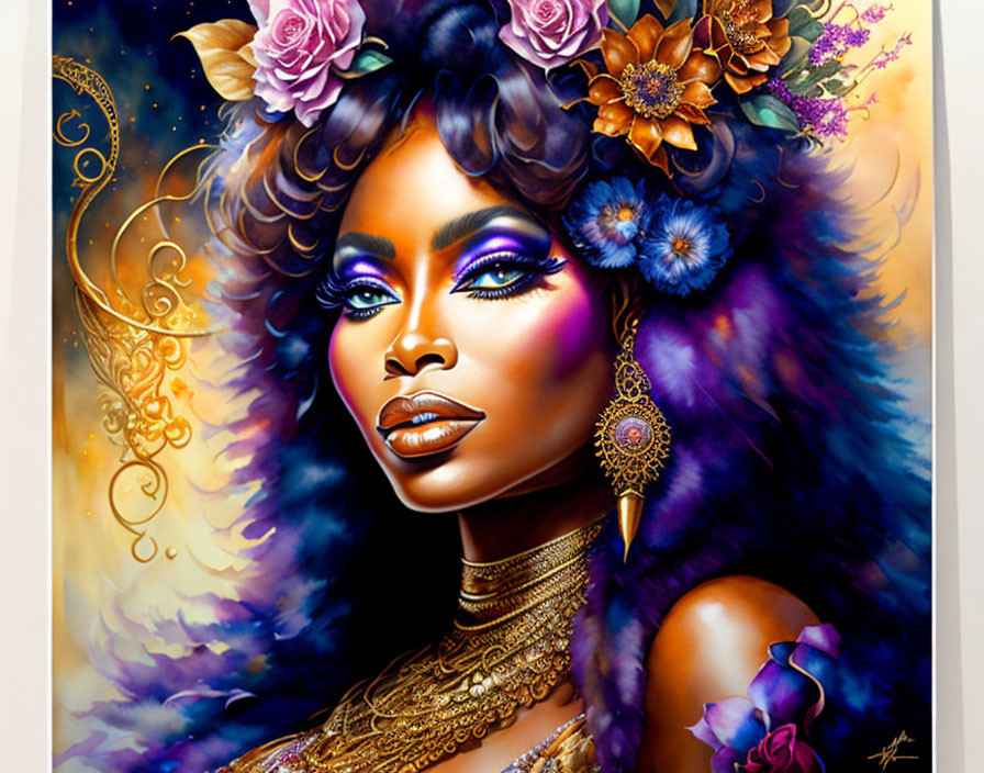 Colorful woman portrait with floral hair, gold jewelry, and purple fur.