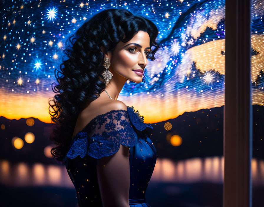 Curly-haired woman looking out window at starry night sky and city lights