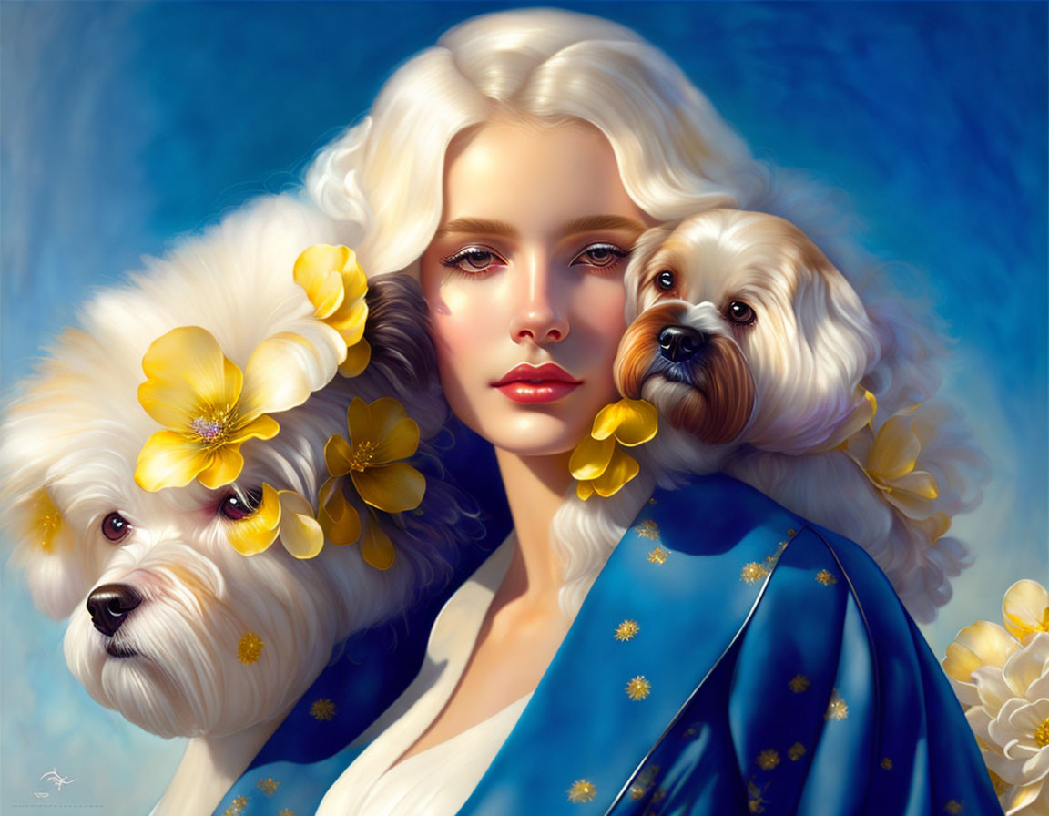 Blonde Woman with White Dogs and Yellow Flowers on Blue Background