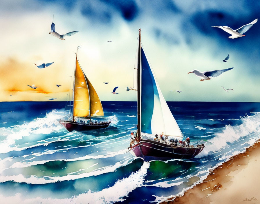 Colorful sailboats on the sea with seagulls and cloudy sky