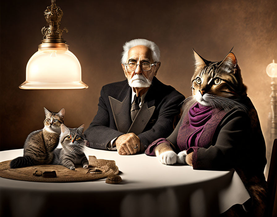 Elderly man in suit with three cats under warm light