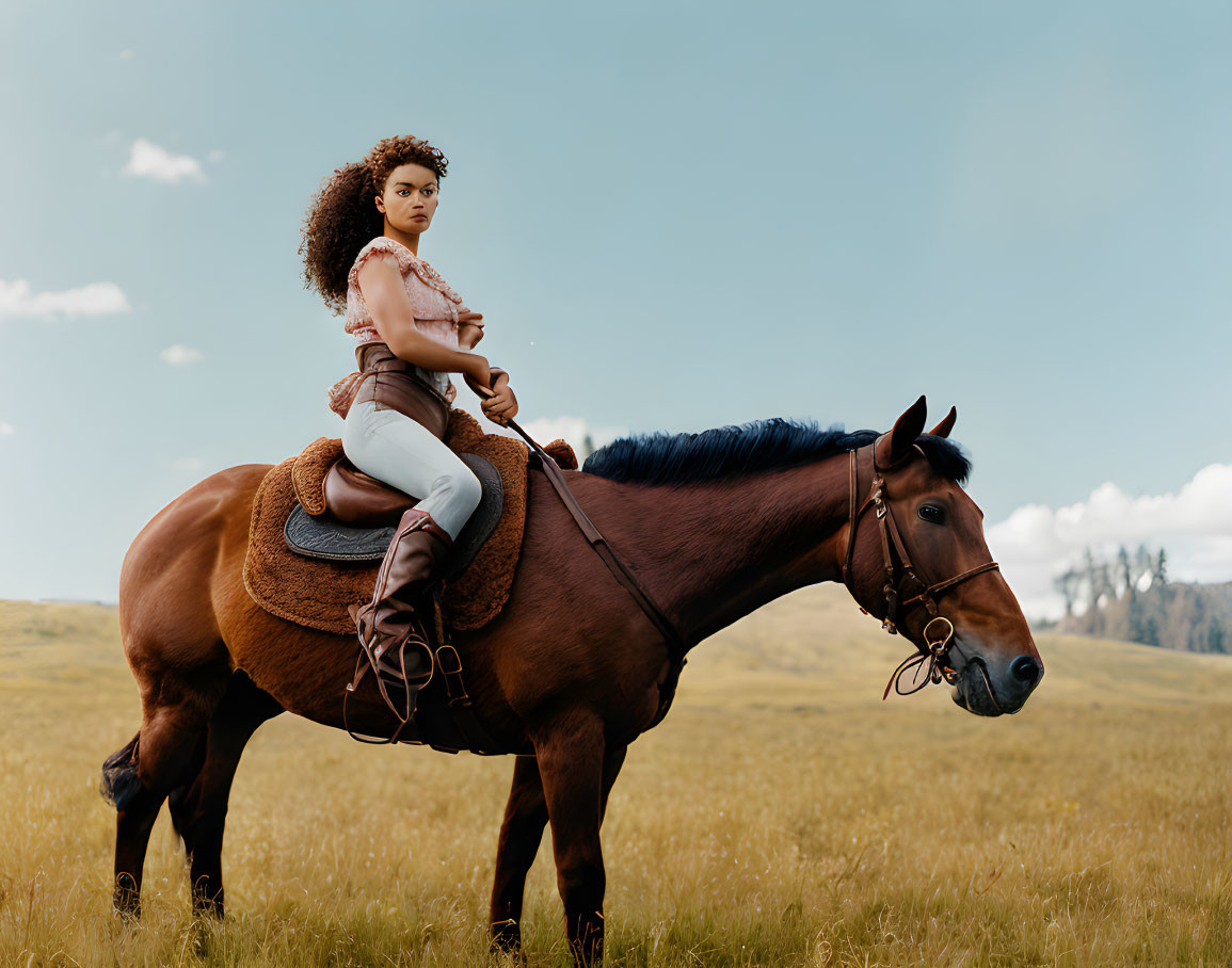 Curly-haired woman on brown horse in grassy field