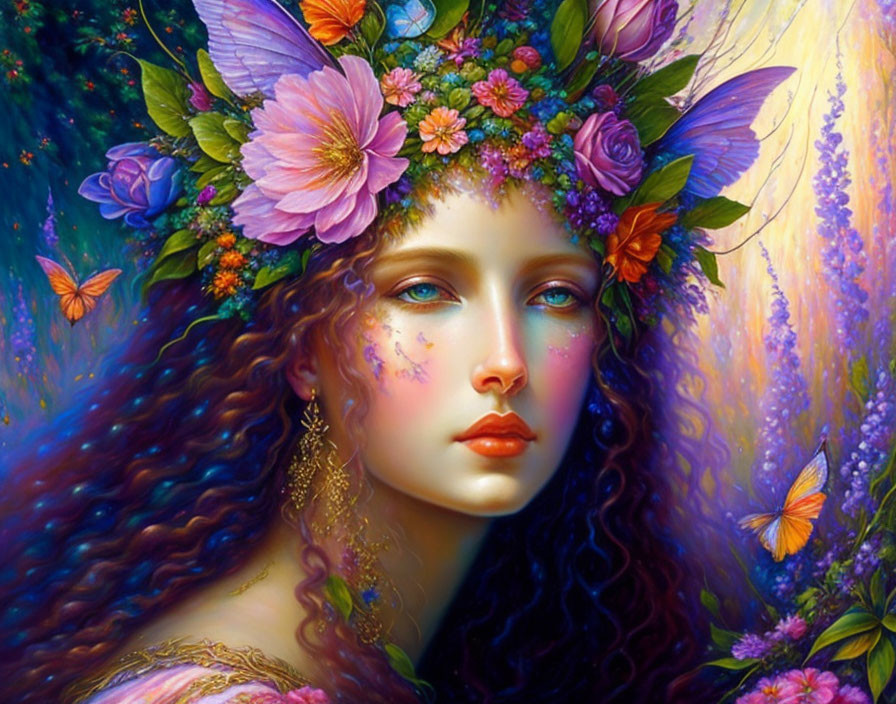 Woman with floral crown and butterflies in colorful forest.