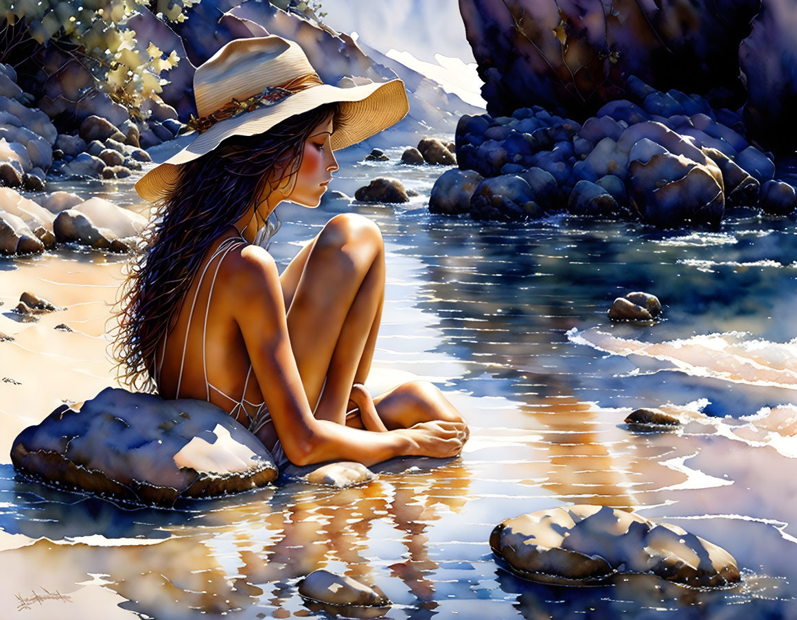 Woman in straw hat by tranquil river with sunlight filtering through trees