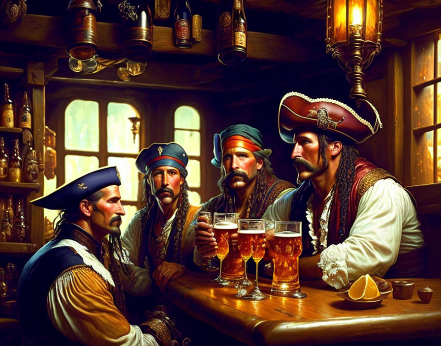 Pirates drinking beer in dimly lit tavern