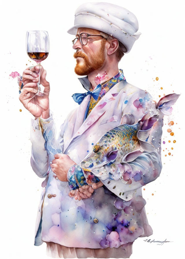 Artistic chef in paint-splattered attire with fish in pocket examines wine