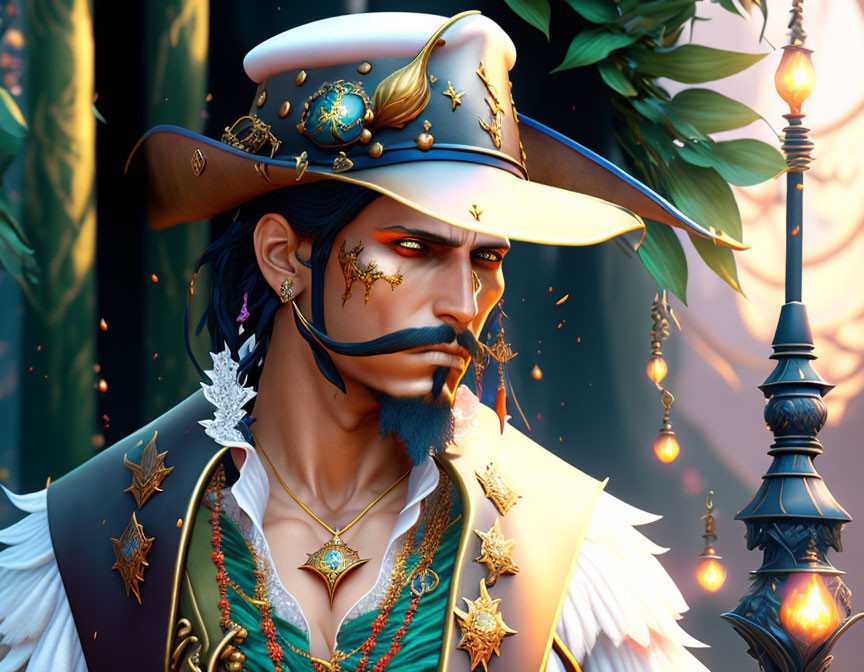 Stylish pirate with large hat, adorned beard, and golden-accented coat near a lit