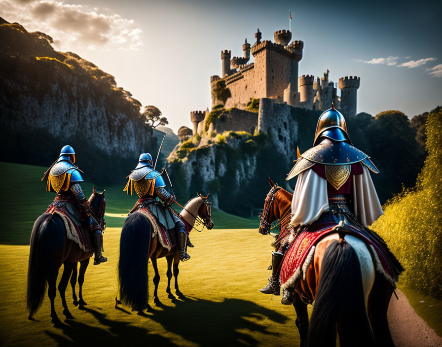 Medieval knights on horseback near castle at sunset