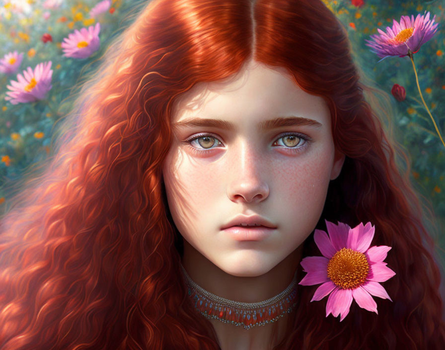 Digital illustration: Young girl with blue eyes, red curly hair, freckles, and flowers.