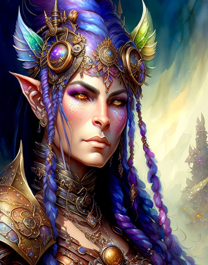 Fantasy Female Character with Pointed Ears and Purple Eyes