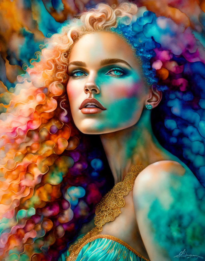 Colorful portrait of woman with curly hair in rainbow hues.