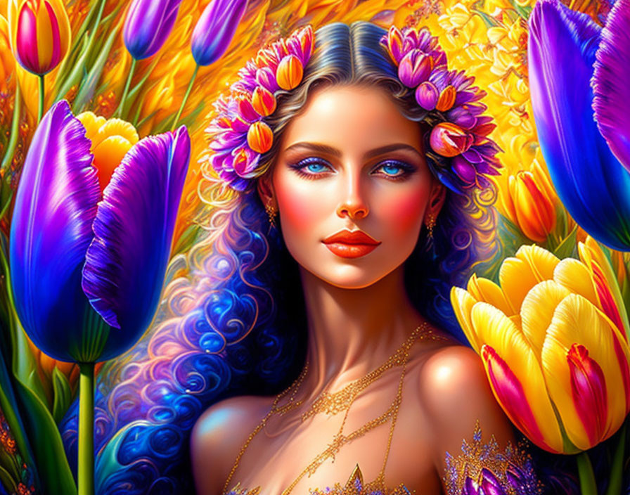 Colorful illustration of a woman with floral hair adornments among vibrant tulips